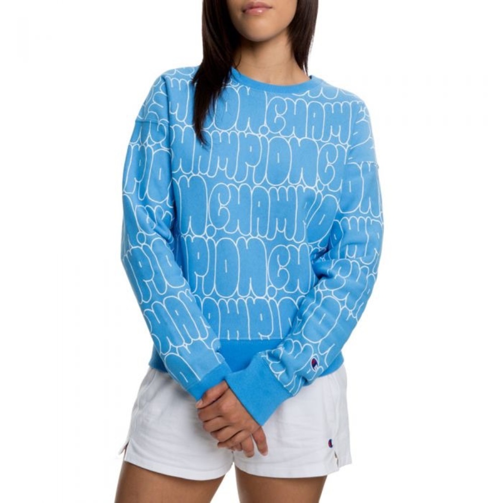 CHAMPION PRINT CREW SWEATSHIRT BLUE Size large